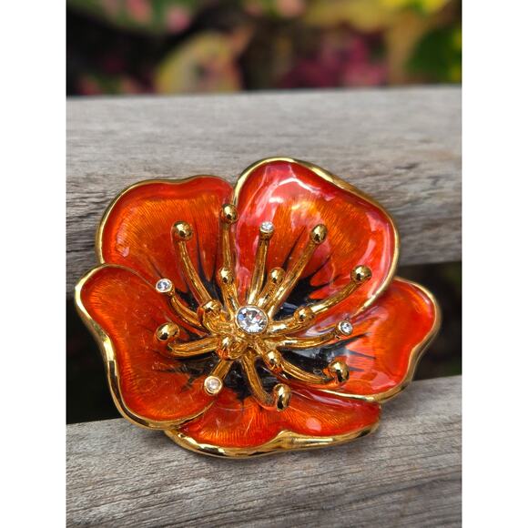 Vintage Monet Orange Enamel & Rhinestone Flower Brooch Pin, Gold Tone - Picture 2 of 10